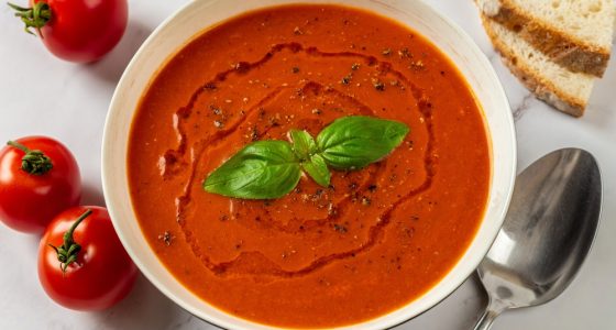 Hot,Tomato,Soup,In,A,White,Bowl,Closeup.,Freshly,Made
