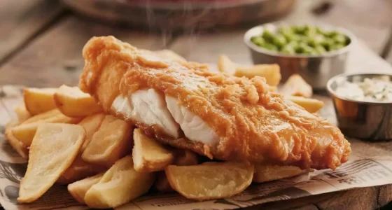 Fish,Chips:,Traditional,,Crispy,,Delicious,,Cod,,British,,Haddock,,Batter,,Fast