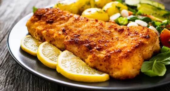 Fish,Dish, ,Fried,Breaded,Cod,Fillet,With,Vegetables,On